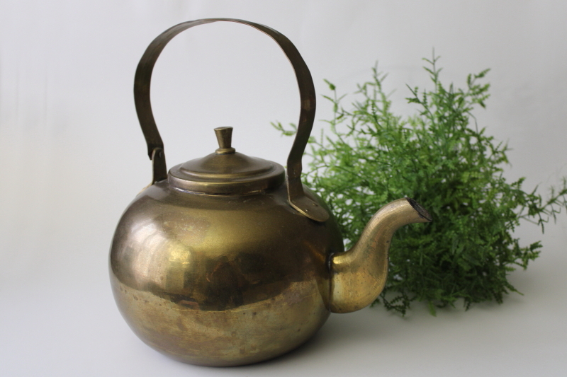 photo of old brass teakettle, small round tea pot vintage french country kitchen decor #1