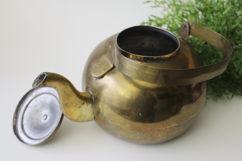 photo of old brass teakettle, small round tea pot vintage french country kitchen decor #3