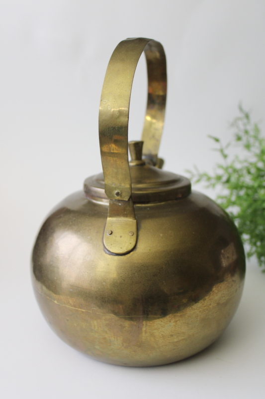 photo of old brass teakettle, small round tea pot vintage french country kitchen decor #5