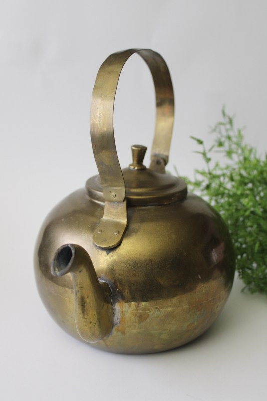 photo of old brass teakettle, small round tea pot vintage french country kitchen decor #6