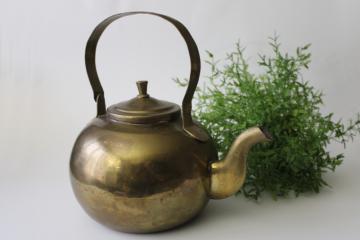 catalog photo of old brass teakettle, small round tea pot vintage french country kitchen decor