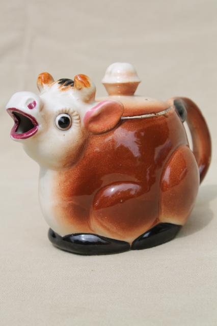 photo of old brown Jersey cow creamer, vintage big eyed cow cream pitcher made in Japan #1