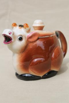 catalog photo of old brown Jersey cow creamer, vintage big eyed cow cream pitcher made in Japan