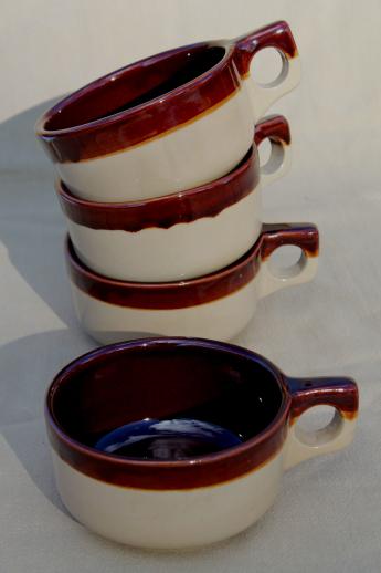 photo of old brown band pottery soup bowl cups or mugs, vintage Western stoneware #1