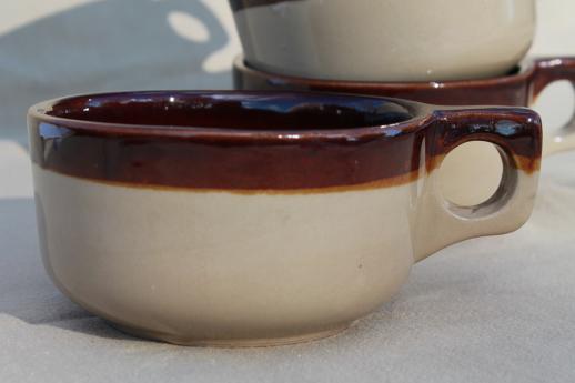 photo of old brown band pottery soup bowl cups or mugs, vintage Western stoneware #2