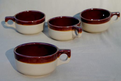 photo of old brown band pottery soup bowl cups or mugs, vintage Western stoneware #4