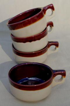 catalog photo of old brown band pottery soup bowl cups or mugs, vintage Western stoneware