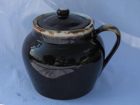 photo of old brown drip stoneware bean pot w/ cover, oven proof pottery baker #1