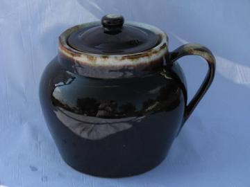 catalog photo of old brown drip stoneware bean pot w/ cover, oven proof pottery baker