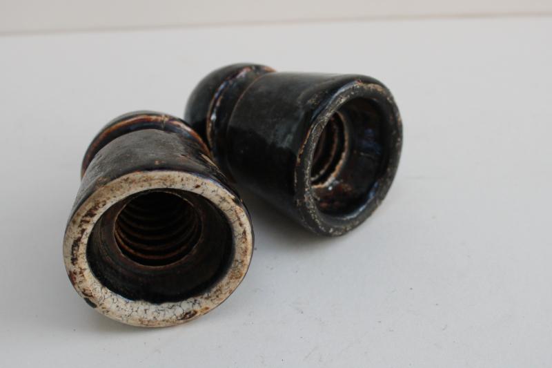 photo of old brown glazed ceramic insulators, rustic vintage primitive spools junk style #3