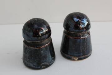 old brown glazed ceramic insulators, rustic vintage primitive spools junk style