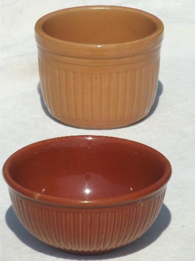 photo of old brown stoneware bowls, ribbed pottery crocks butter crock mixing bowls #1