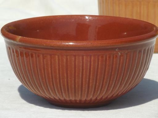 photo of old brown stoneware bowls, ribbed pottery crocks butter crock mixing bowls #2