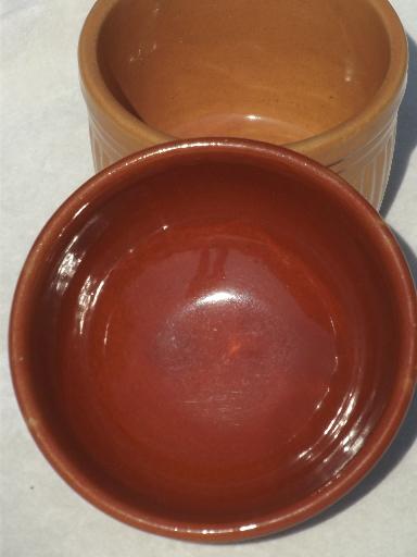 photo of old brown stoneware bowls, ribbed pottery crocks butter crock mixing bowls #3