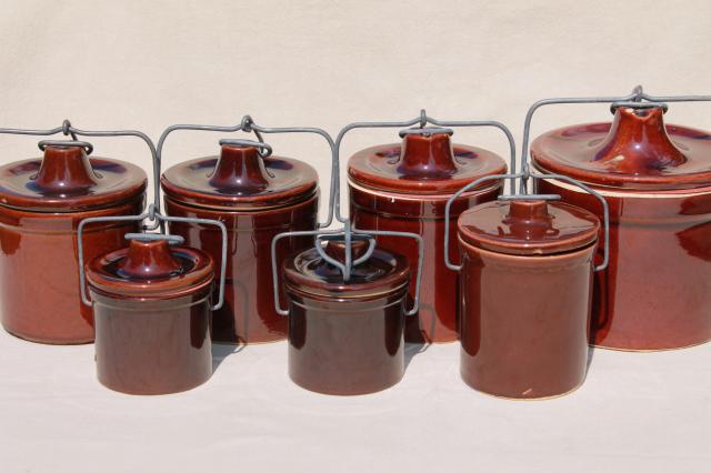 photo of old brown stoneware cheese crock jars w/ wire bail lids, pottery crocks lot #4