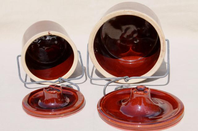 photo of old brown stoneware cheese crock jars w/ wire bail lids, pottery crocks lot #6