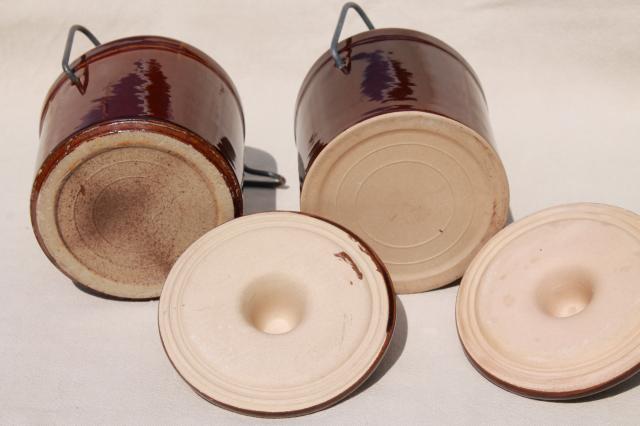 photo of old brown stoneware cheese crock jars w/ wire bail lids, pottery crocks lot #10