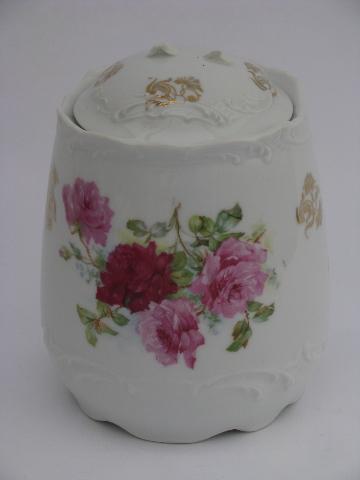 photo of old cabbage roses pattern antique china biscuit jar, early 1900s vintage #1