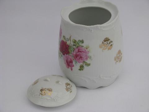 photo of old cabbage roses pattern antique china biscuit jar, early 1900s vintage #2