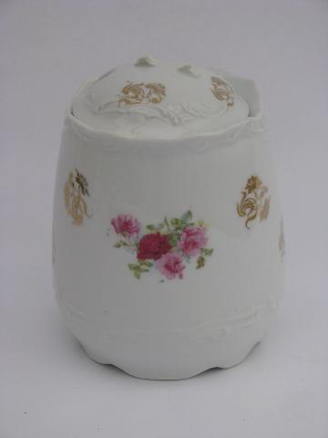 photo of old cabbage roses pattern antique china biscuit jar, early 1900s vintage #3