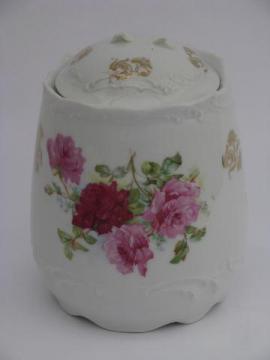 catalog photo of old cabbage roses pattern antique china biscuit jar, early 1900s vintage
