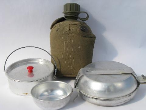 photo of old camping / hiking nesting camp cookware, vintage mess kit w/ canteen #1