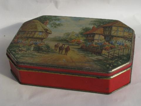 photo of old candy tin w/ English village cottages, vintage toffee box, England #1