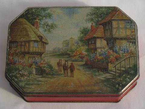 photo of old candy tin w/ English village cottages, vintage toffee box, England #2