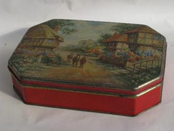 catalog photo of old candy tin w/ English village cottages, vintage toffee box, England