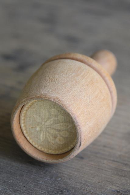 photo of old carved wood butter mold, vintage butter pat press stamp w/ flower round #1