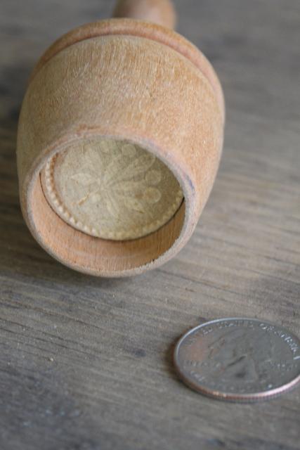 photo of old carved wood butter mold, vintage butter pat press stamp w/ flower round #3