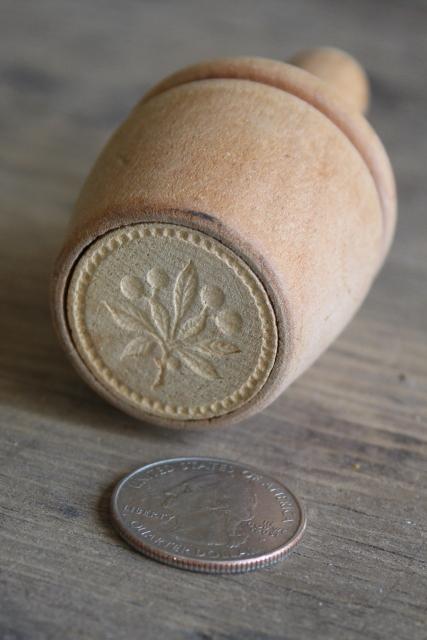 photo of old carved wood butter mold, vintage butter pat press stamp w/ flower round #4