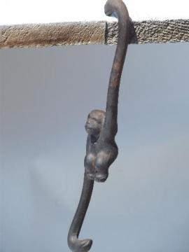 catalog photo of old cast iron figural monkey hanging hook coat hanger, vintage Japan