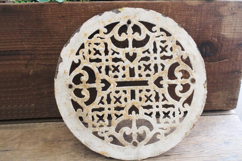 photo of old cast iron grate, round circle register air vent cover antique vintage architectural #1