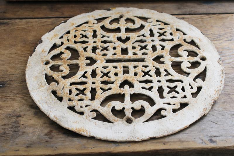 photo of old cast iron grate, round circle register air vent cover antique vintage architectural #7