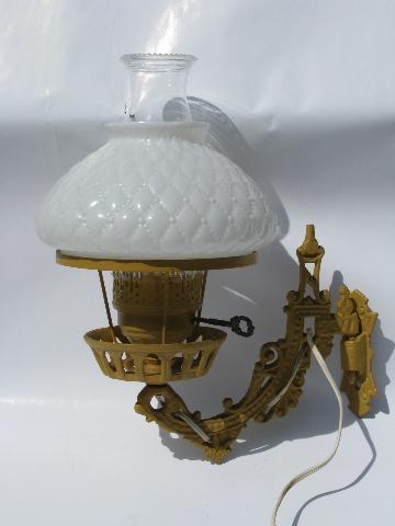 photo of old cast iron wall bracket sconce lamp, electrified light w/ quilted glass shade #1