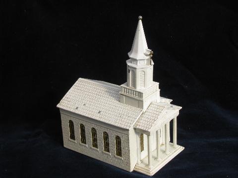 photo of old cast metal building, little white church, vintage Swiss music box for Christmas #1