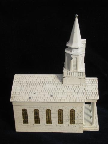 photo of old cast metal building, little white church, vintage Swiss music box for Christmas #2