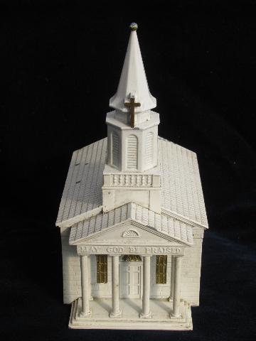 photo of old cast metal building, little white church, vintage Swiss music box for Christmas #3