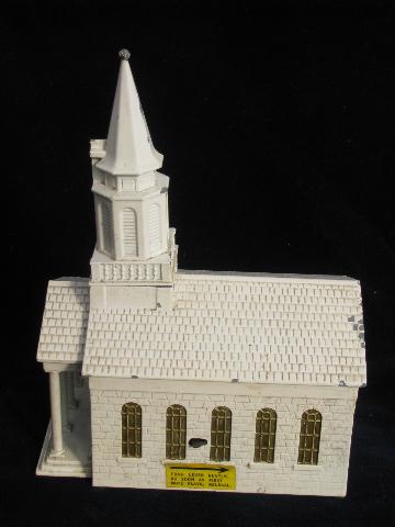 photo of old cast metal building, little white church, vintage Swiss music box for Christmas #4