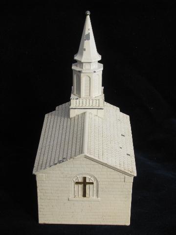 photo of old cast metal building, little white church, vintage Swiss music box for Christmas #5