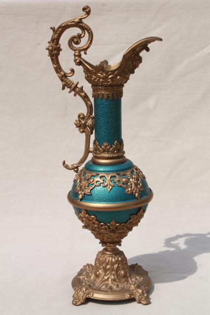 photo of old cast metal spelter lamp base, decorative urn pitcher in blue enamel & gold #1