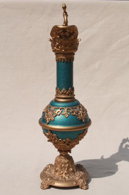 photo of old cast metal spelter lamp base, decorative urn pitcher in blue enamel & gold #5