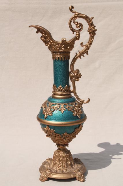 photo of old cast metal spelter lamp base, decorative urn pitcher in blue enamel & gold #6