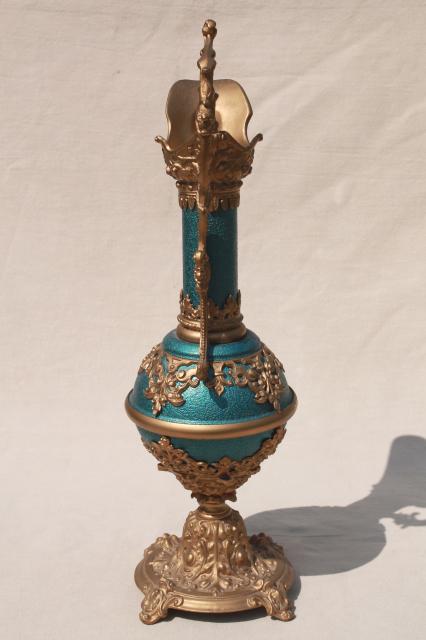 photo of old cast metal spelter lamp base, decorative urn pitcher in blue enamel & gold #7