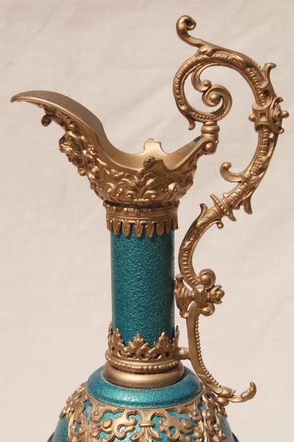 photo of old cast metal spelter lamp base, decorative urn pitcher in blue enamel & gold #8