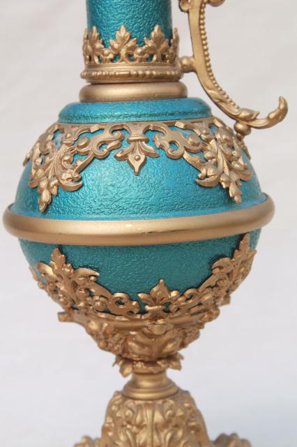 photo of old cast metal spelter lamp base, decorative urn pitcher in blue enamel & gold #10