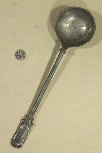 photo of old cast pewter spoon, early 1900s vintage long handled spoon for soup pot or large kettle #4