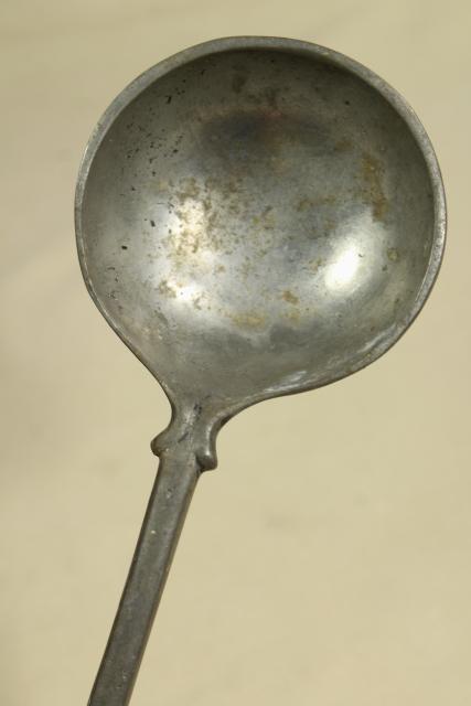 photo of old cast pewter spoon, early 1900s vintage long handled spoon for soup pot or large kettle #5