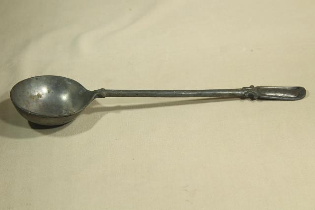 photo of old cast pewter spoon, early 1900s vintage long handled spoon for soup pot or large kettle #8